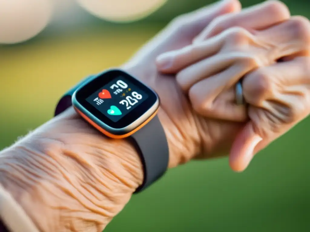 Un adulto mayor usa un elegante reloj inteligente con pantalla táctil de alta resolución para rastrear su salud y datos de ejercicio al aire libre. El reloj muestra la frecuencia cardíaca en tiempo real, pasos y quema de calorías, destacando la utilidad de los dispositivos vestibles para longevid