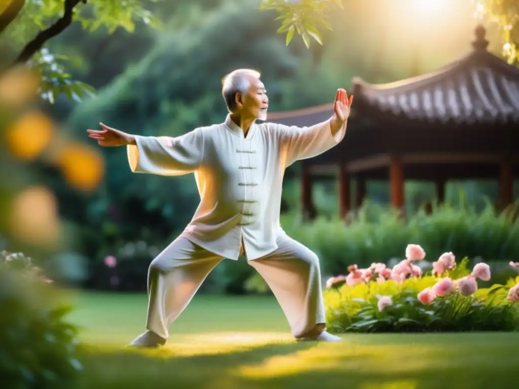 'Un adulto mayor practica tai chi en un jardín exuberante y sereno, irradiando equilibrio y tranquilidad. <b>Entrenamiento de equilibrio para longevidad.'