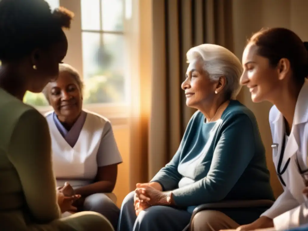 Un ambiente cálido y compasivo en una habitación soleada, con familiares y profesionales médicos discutiendo el 'Abordaje ético decisiones fin vida'.