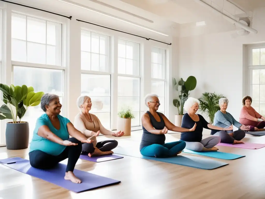 Un ambiente luminoso y sereno donde adultos mayores participan en una clase de yoga. <b>Programas personalizados bienestar adultos mayores.