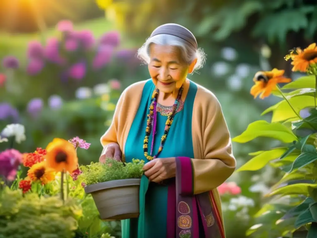 Una anciana cuida con cariño su colorido jardín, rodeada de naturaleza y serenidad. <b>Secretos demográficos vida centenaria.