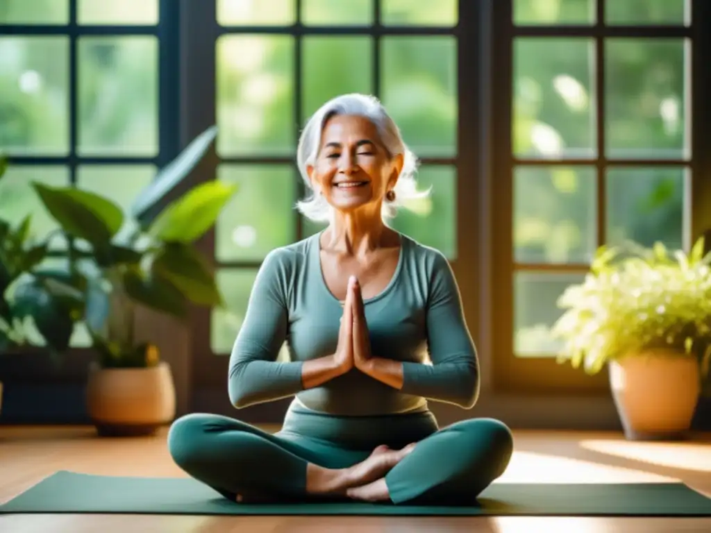 Una anciana practica yoga en una habitación llena de plantas verdes, transmitiendo serenidad y bienestar. <b>Alimentos clave para mente ágil.