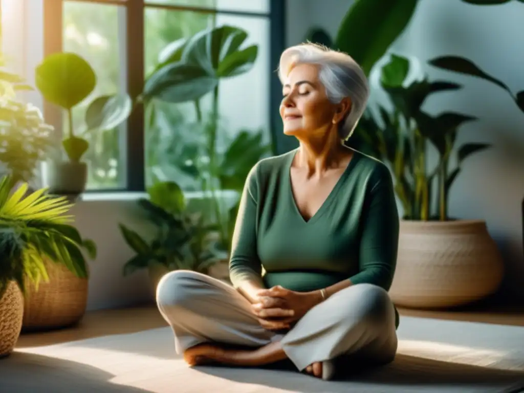 'Una anciana serena practicando mindfulness rodeada de plantas y luz natural. Beneficios del mindfulness para longevidad.'