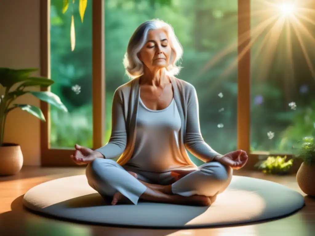 Una anciana serena medita en su sala, rodeada de plantas y cristales. La luz del sol baña el espacio, transmitiendo calma y paz interior, reflejando técnicas de asesoramiento para centenarios.