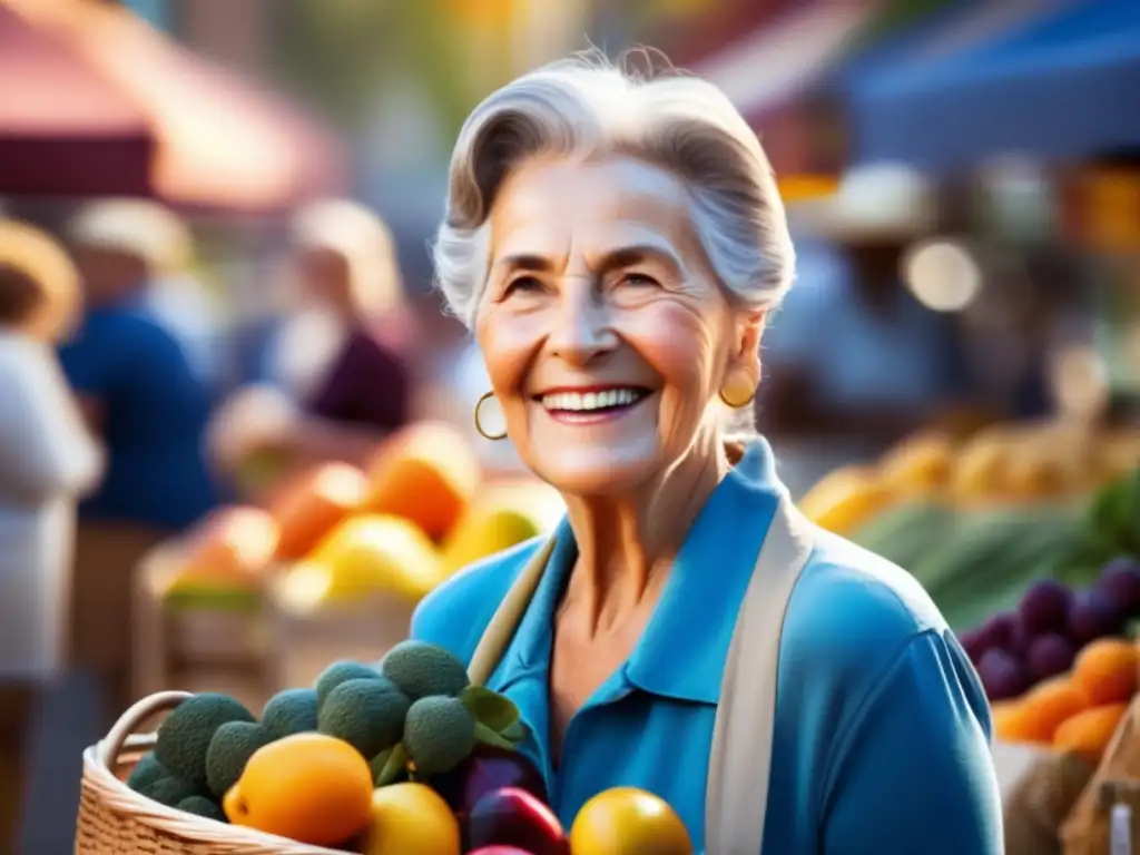 Una anciana sonriente en un bullicioso mercado de alimentos frescos y coloridos. <b>Refleja la alimentación para longevidad en zonas azules.