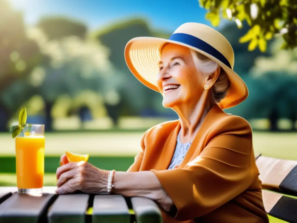 Una anciana sonriente disfruta del sol en un parque, bebiendo zumo de naranja junto a suplementos de vitamina D. La atmósfera transmite bienestar y longevidad.