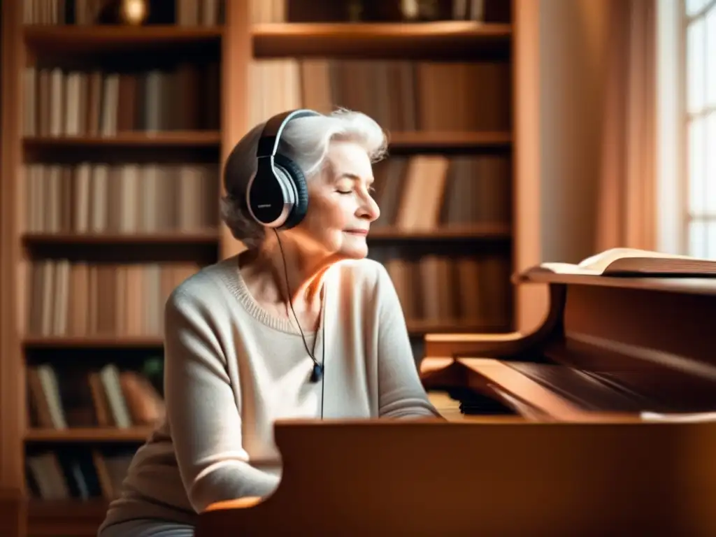 Una anciana escucha música tranquilizadora en una habitación soleada llena de libros y un piano. <b>Terapia musical para longevidad cognitiva.