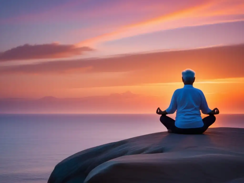 Un anciano practica yoga en un acantilado frente al océano al atardecer, transmitiendo calma y serenidad. Felicidad y longevidad: Enfoque filosófico