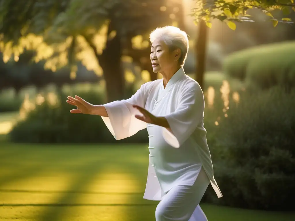 'Un anciano practicando Tai Chi al amanecer en un jardín sereno, transmitiendo calma y fuerza interior. Beneficios del Tai Chi para longevidad.'