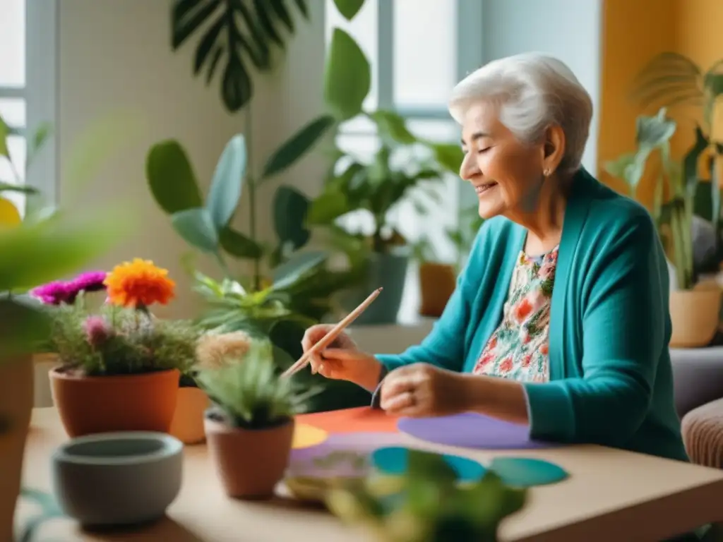 Un anciano disfruta de la pintura rodeado de plantas coloridas en una habitación iluminada, transmitiendo calma y contento. <b>Actividades para aumentar longevidad saludable.