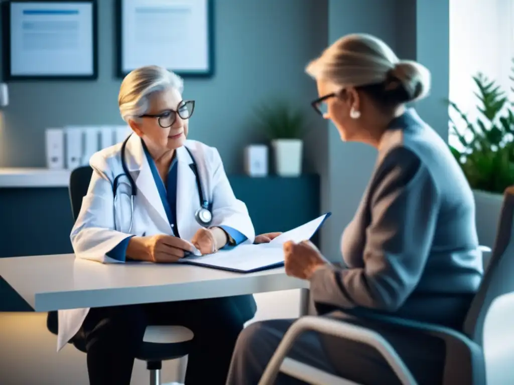 Un anciano recibe atención médica en una oficina moderna y luminosa, transmitiendo accesibilidad y profesionalismo en el acceso a servicios de salud.