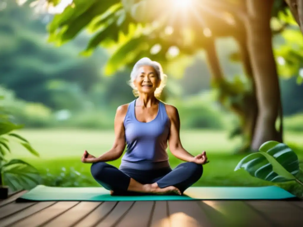 Un anciano practica yoga en la naturaleza, irradiando vitalidad y sabiduría. <b>Encarna la longevidad humana: narrativa de vida.