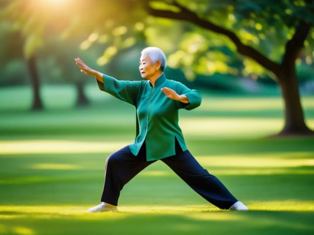 Un anciano practica tai chi en un parque verde y exuberante, irradiando tranquilidad y equilibrio. <b>Entrenamiento de equilibrio para longevidad.