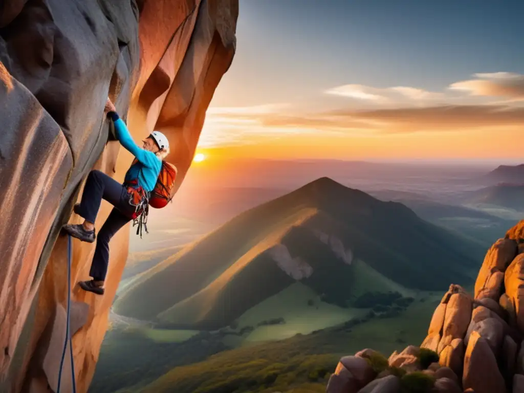 Un anciano conquista una ruta desafiante de escalada, con el sol poniéndose al fondo. <b>Su expresión determinada y los detalles de la roca inspiran.</b> La imagen captura la esencia de los beneficios de la escalada para la longevidad.