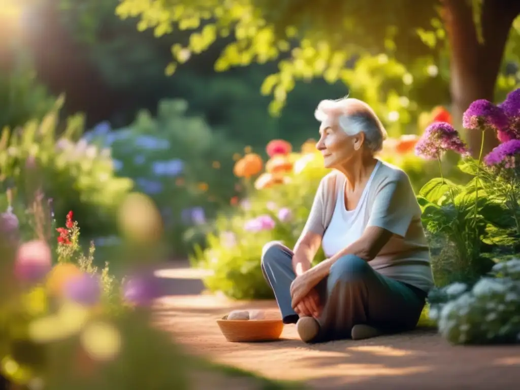 Un anciano disfruta de la serenidad del jardín soleado, rodeado de flores vibrantes y exuberante vegetación. Su expresión contemplativa y resiliente refleja el manejo del duelo en la tercera edad, transmitiendo esperanza y fortaleza interior.