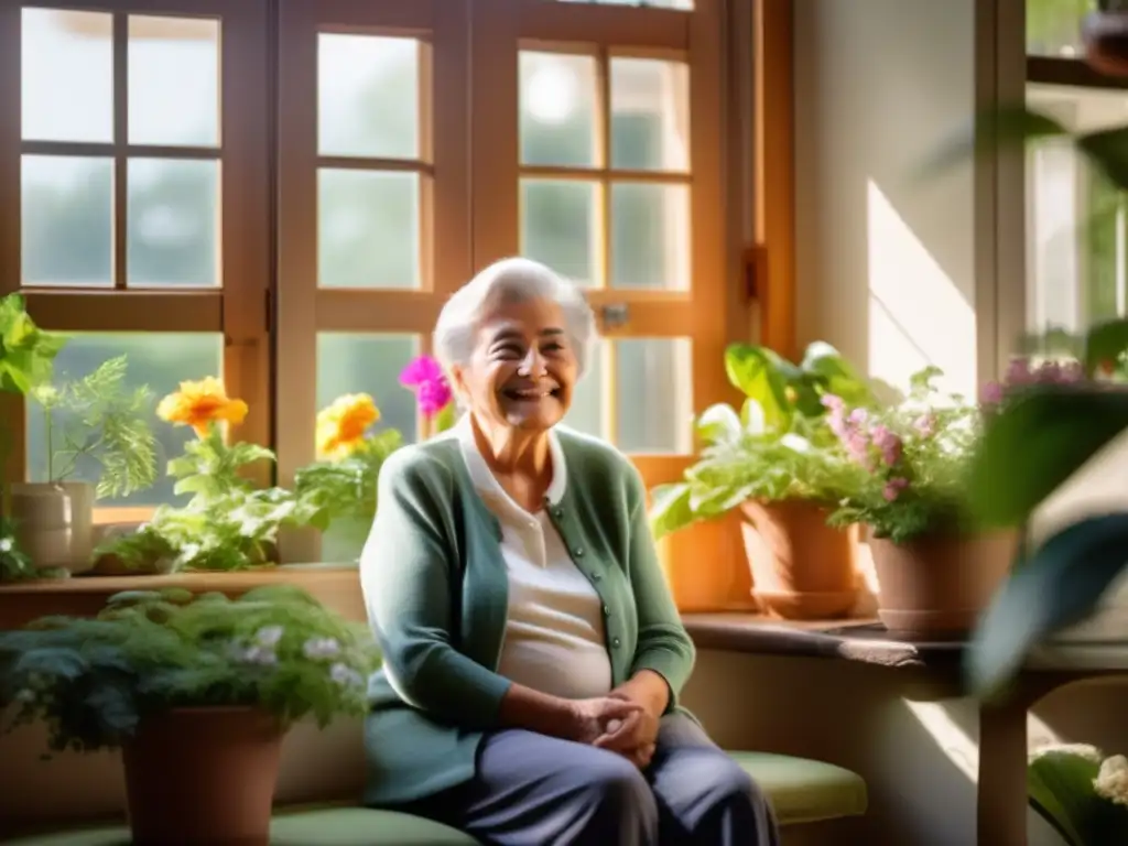 Un anciano sereno sostiene una foto con cariño, rodeado de plantas exuberantes y flores vibrantes en una habitación iluminada por el sol. <b>Refleja nostalgia y paz.</b> Atmosfera de reflexión y aceptación en el manejo del duelo en la tercera edad.