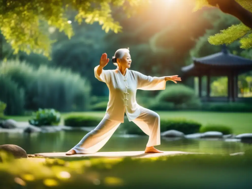 Un anciano practica tai chi en un jardín sereno, rodeado de exuberante vegetación y suave luz solar. <b>Sus movimientos transmiten paz interior, evocando calma y tranquilidad.</b> <b>Técnicas para gestionar el estrés en la vejez.