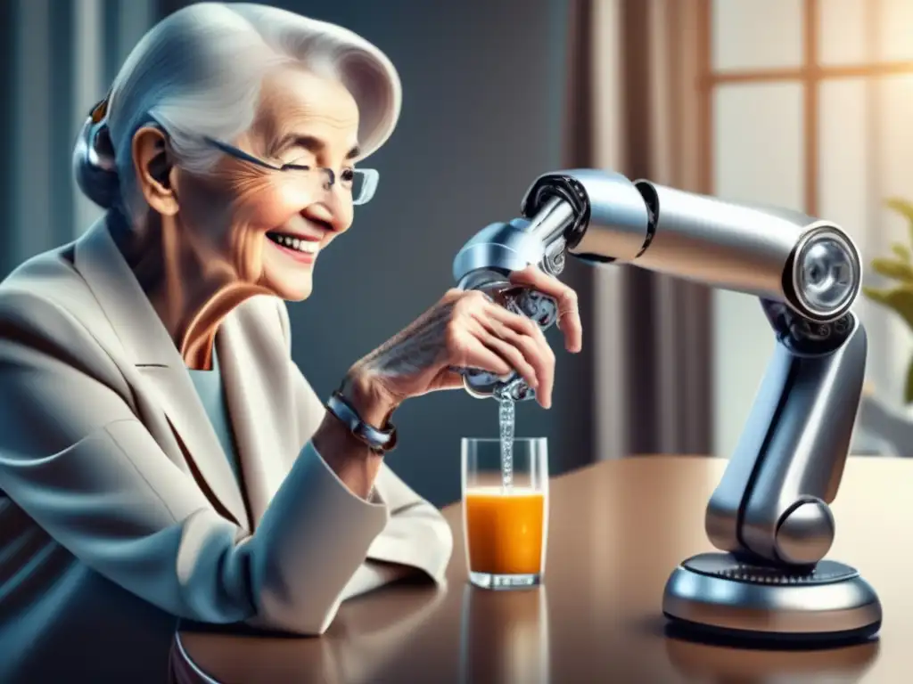 Un anciano sonriente utiliza un brazo robótico para verter agua. <b>La escena muestra confianza y avance en la robótica en el cuidado de la salud.