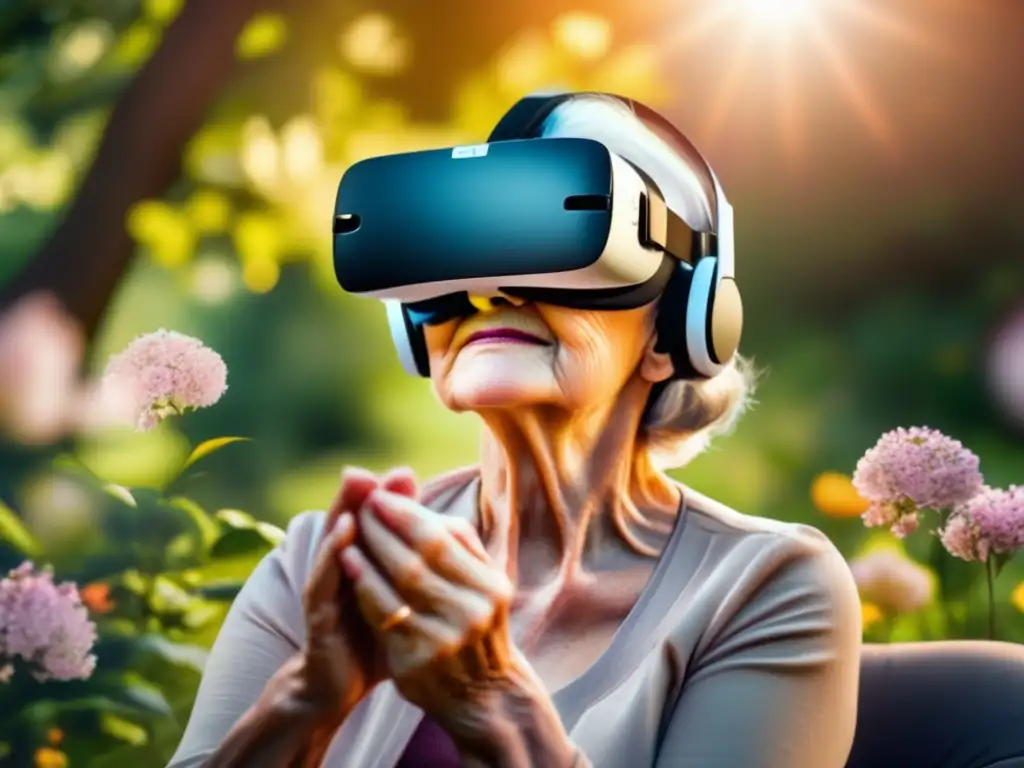 Un anciano disfruta de una terapia de rehabilitación de adicciones con realidad virtual en un jardín tranquilo rodeado de flores.