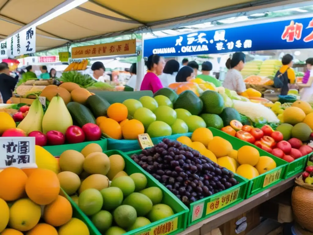 Una animada escena del mercado de Okinawa muestra una variedad de frutas, verduras y productos alimenticios locales. Refleja la energía y la diversidad de ingredientes saludables que forman la base de la Dieta longevidad Okinawa.