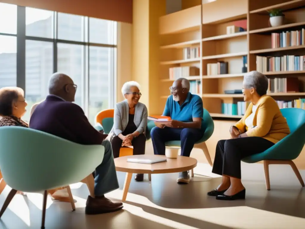 Un animado grupo de personas mayores participa en una enriquecedora discusión en un centro comunitario moderno y soleado, rodeado de estanterías llenas de materiales educativos. <b>La sala cuenta con mobiliario ergonómico y grandes ventanales que ofrecen vistas a una bulliciosa ciudad.</b> Los mayores participan activ