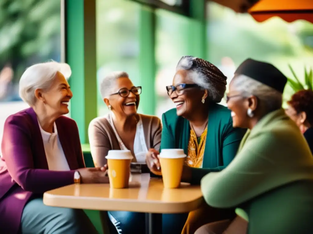 Un animado grupo de personas mayores disfruta de una charla en un acogedor café con una atmósfera cálida y vibrante. <b>Transmitiendo vitalidad y experiencias de vida en la vejez, en sintonía con 'Avances en estudios de longevidad'.