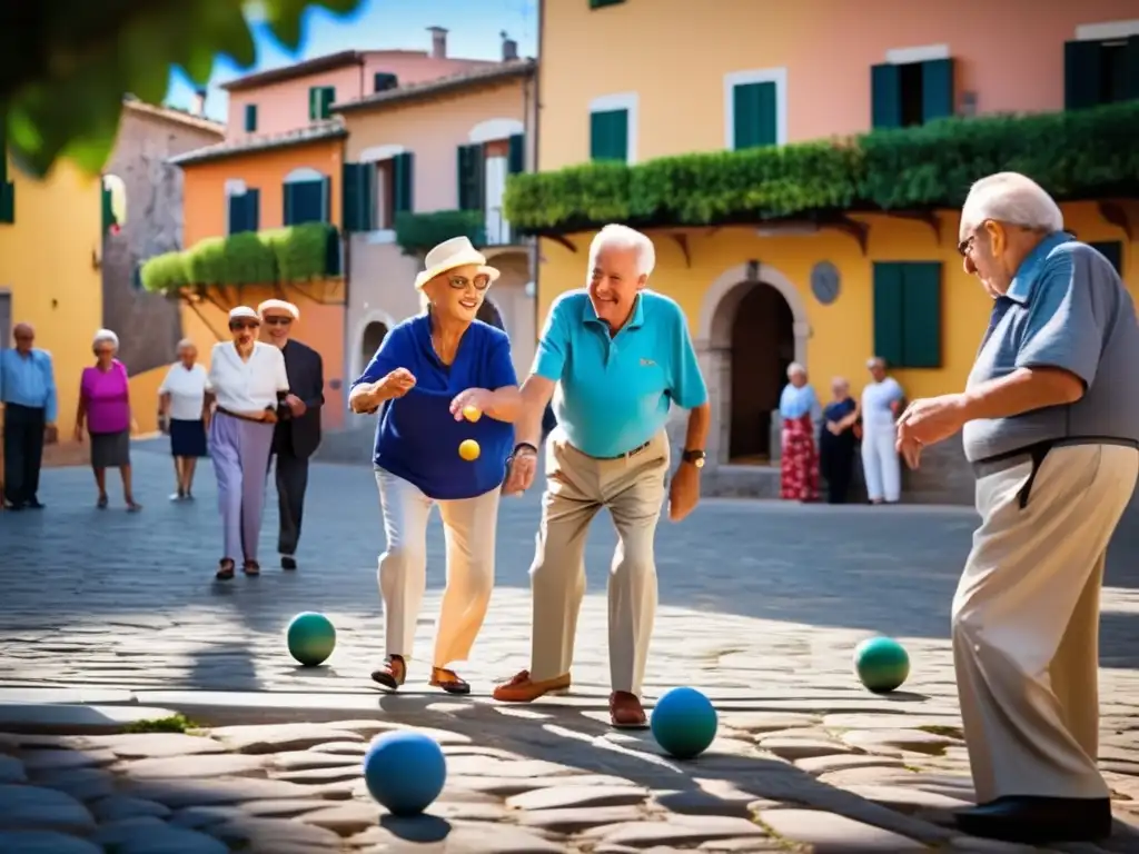 Un animado juego de bocce bajo el sol en una plaza italiana. <b>Ancianos disfrutan en comunidad.</b> Viajes inspirados en zonas azules.