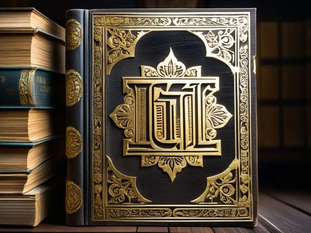 Un antiguo libro con diseños en oro y letras desgastadas, reposando en madera oscura. <b>Un ambiente enigmático.</b> <b>Libros sobre culturas longevas.