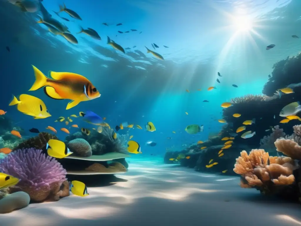 Un asombroso paisaje submarino de alta definición 8k, con una colorida escuela de peces nadando entre vibrantes arrecifes de coral. <b>La luz solar ilumina el agua cristalina, creando una representación moderna y cautivadora del entorno rico en omega.</b> Beneficios omega pescados longe