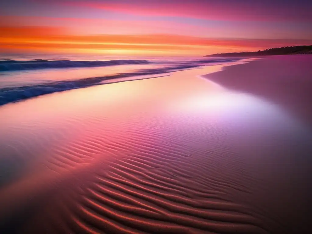 Atardecer sereno en la playa, con olas suaves y cielo anaranjado reflejado en el agua. Evoca tranquilidad y belleza natural.