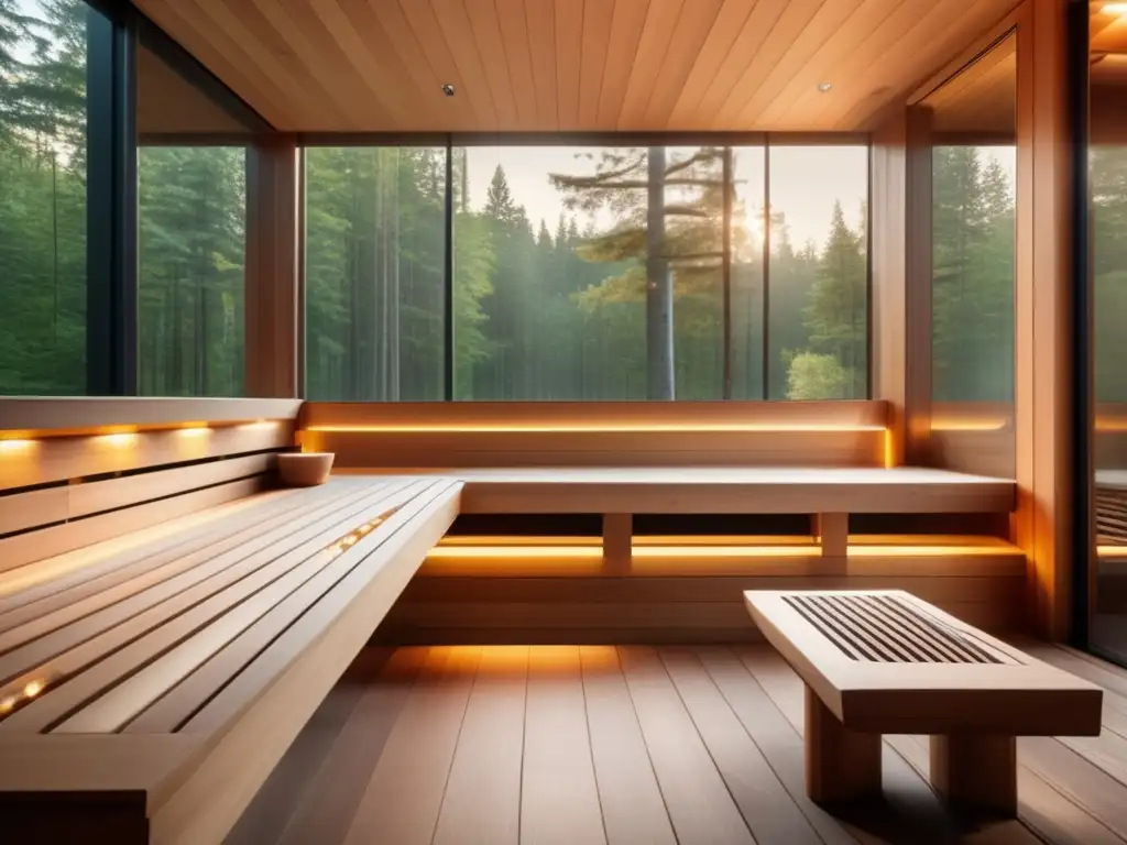 Disfruta de los beneficios de baños de vapor para longevidad en una sauna moderna con vistas a un bosque tranquilo.