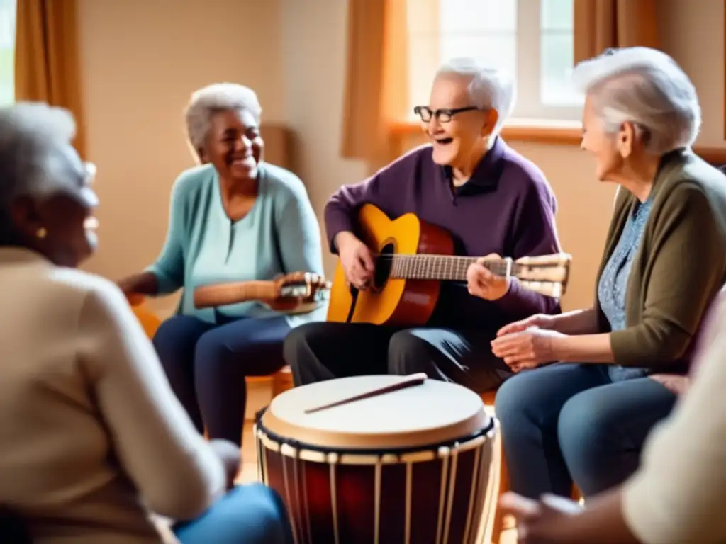 'Beneficios de la terapia musical: la mente en armonía con la música, mientras los mayores disfrutan de una sesión serena y terapéutica.'