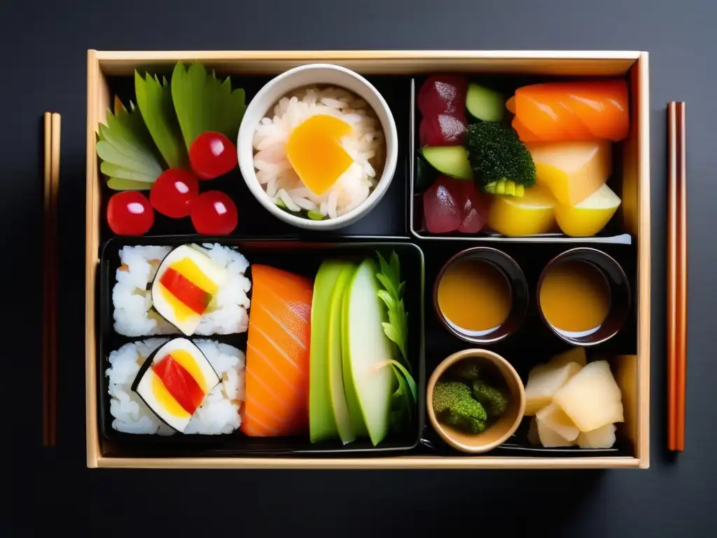 Un bento japonés tradicional con una presentación meticulosa de sushi, verduras encurtidas y sopa miso. El fondo negro realza los colores y texturas vibrantes de la comida, capturando la esencia cultural y la importancia de la presentación en la tradición culinaria japonesa, demostrando