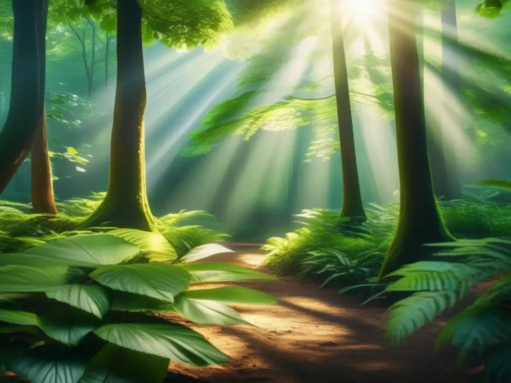 Un bosque exuberante, bañado por la luz del sol, crea un ambiente tranquilo y sereno. <b>La imagen invita a sumergirse en la belleza y la paz de la naturaleza.</b> <b>Prevención complicaciones hipertensión longevidad.