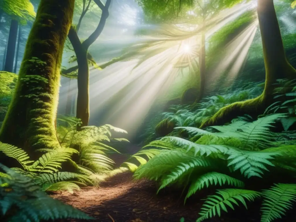 Un bosque exuberante y vibrante destellando con luz solar, mostrando la interconexión de ecosistemas y su impacto ambiental en la longevidad.