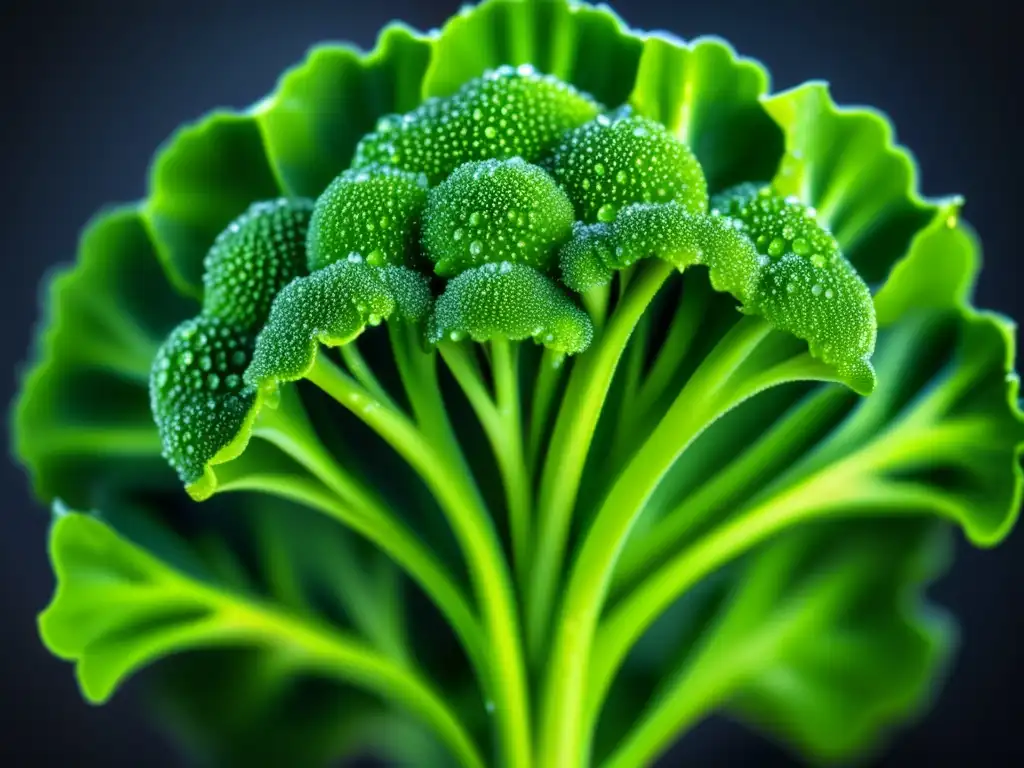 Un brote de brócoli verde vibrante con gotas de agua sobre un fondo oscuro, resaltando su textura. <b>Beneficios del selenio para longevidad.