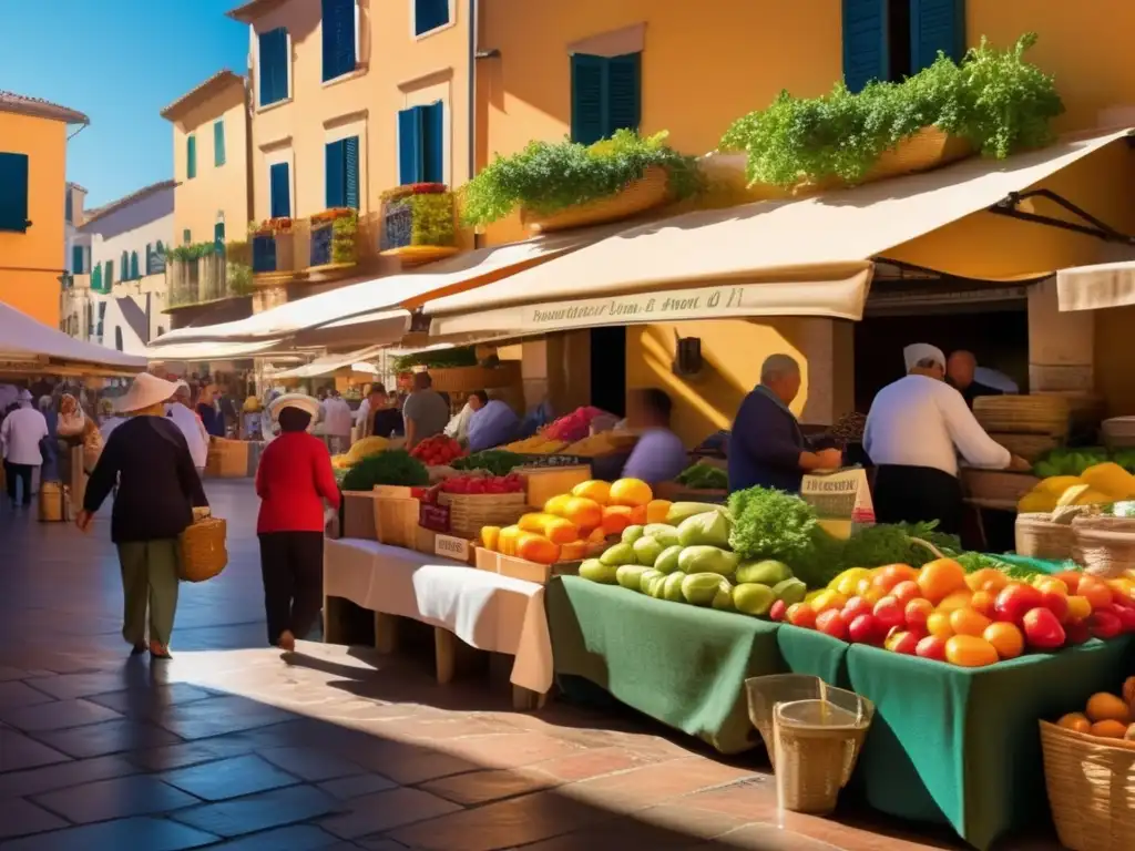 Un bullicioso y colorido mercado mediterráneo rebosante de vida y productos frescos. Los detalles y la vitalidad capturan los beneficios de la dieta mediterránea: longevidad y bienestar.