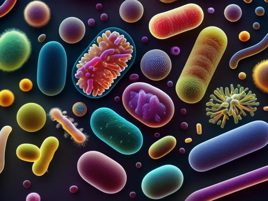 Una representación visualmente cautivadora y precisa del microbioma y envejecimiento: evidencia científica, que muestra diversos microorganismos coloridos y detallados habitando el intestino humano.