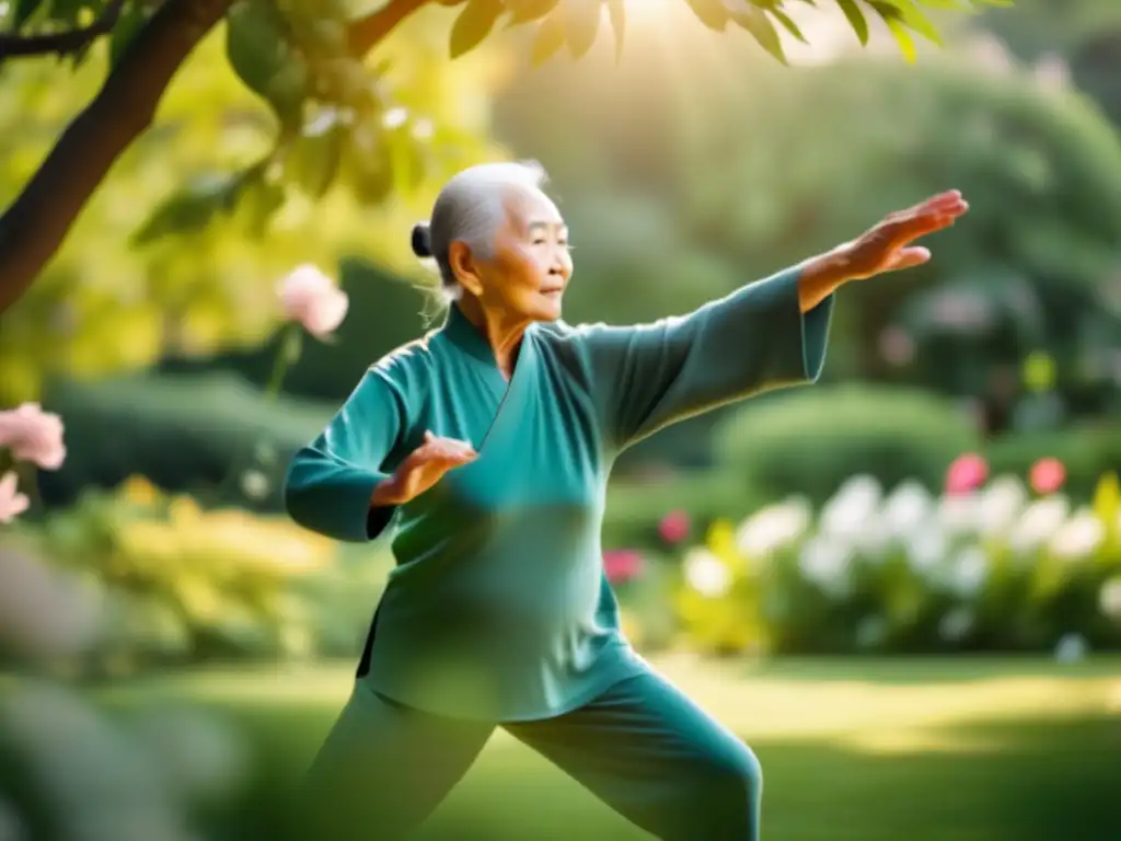 Un centenario practica tai chi en un jardín sereno, rodeado de naturaleza exuberante y flores. <b>Transmite calma y sabiduría.</b> <b>Técnicas de asesoramiento para centenarios.