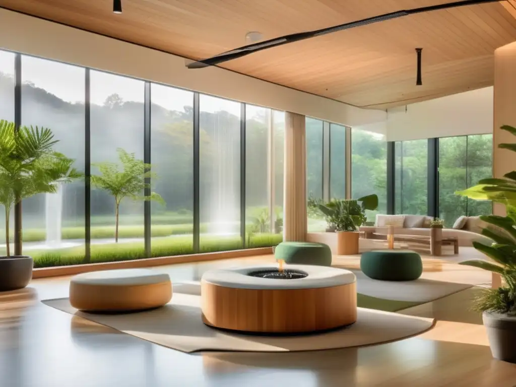 Un centro de bienestar moderno y sereno con vista a un exuberante paisaje verde. <b>Espacio minimalista con madera natural y plantas.</b> <b>Luz suave y ambiente tranquilo.</b> <b>Personas practicando yoga y meditación.</b> <b>Terapias de desintoxicación para longevidad.