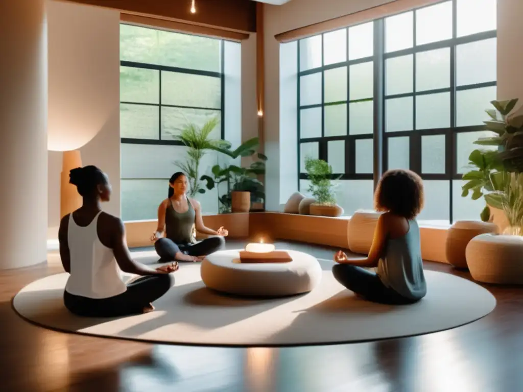 Un centro de bienestar moderno y sereno con tonos cálidos y luz natural. <b>Personas meditan en un ambiente tranquilo.</b> <b>Programas de bienestar basados en Ayurveda.