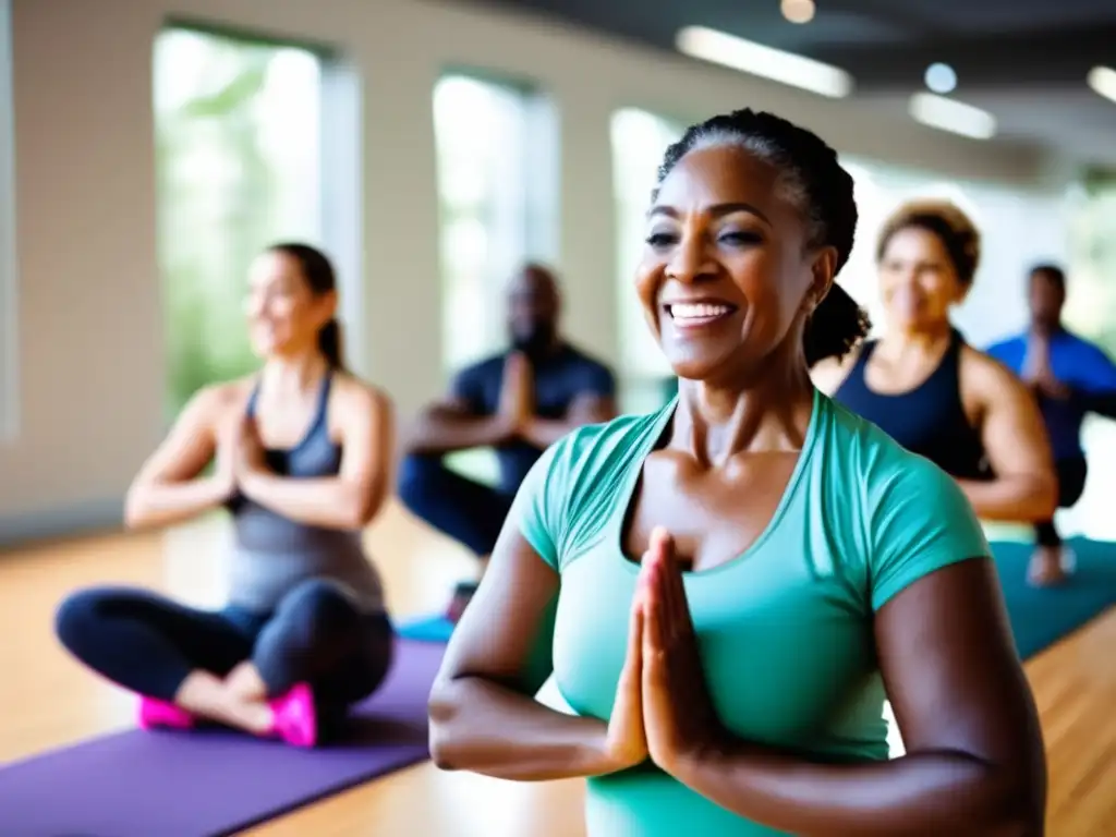 Un centro de fitness moderno repleto de personas de todas las edades participando en diversas actividades físicas, irradiando vitalidad y determinación. Destaca la diversidad y la inclusión de los programas de coaching para longevidad saludable. El ambiente está impregnado de energía, salud y comunidad, reflejando la esencia