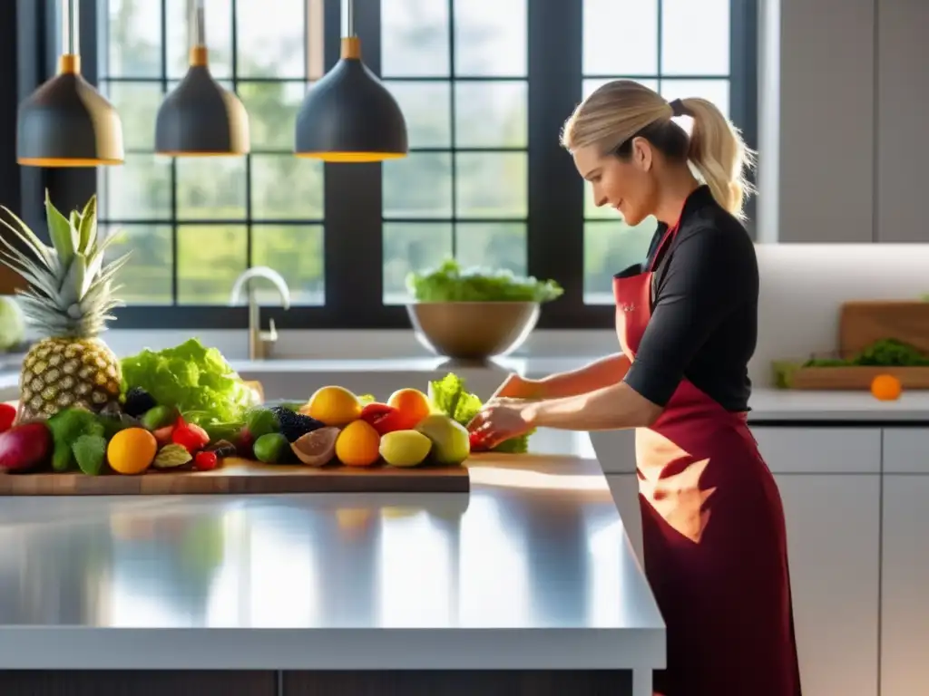 Un chef prepara alimentos saludables en una cocina moderna para la dieta cetogénica y la longevidad humana.