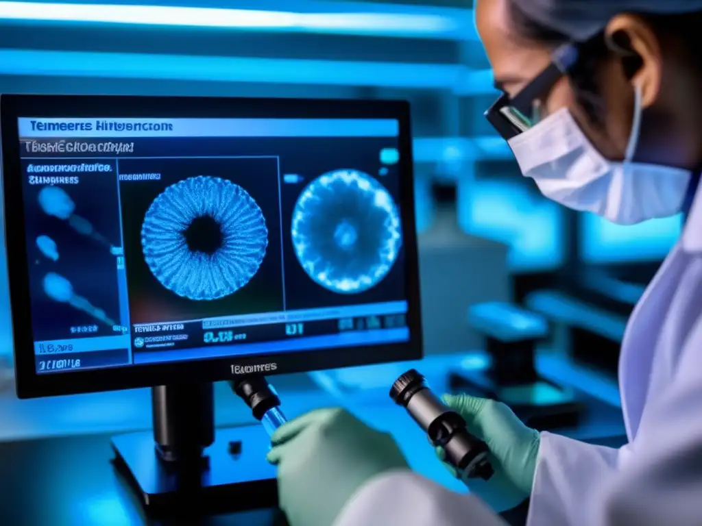 Un científico en bata ajusta un microscopio para medir la longitud de los telómeros en una muestra celular. <b>Tecnología avanzada y precisión.