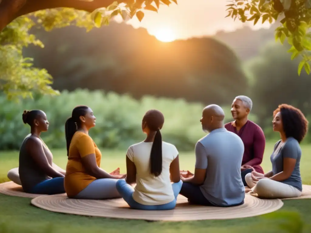 Un círculo de personas diversas meditando al aire libre al atardecer. <b>Expresan tranquilidad y conexión.</b> <b>Mindfulness para longevidad y conexión social.