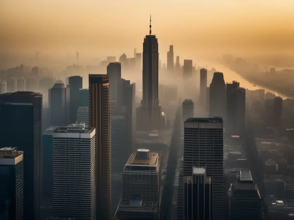 Una ciudad envuelta en smog, con rascacielos y edificios tradicionales entre la neblina. Estudios longitudinales sobre longevidad y polución.