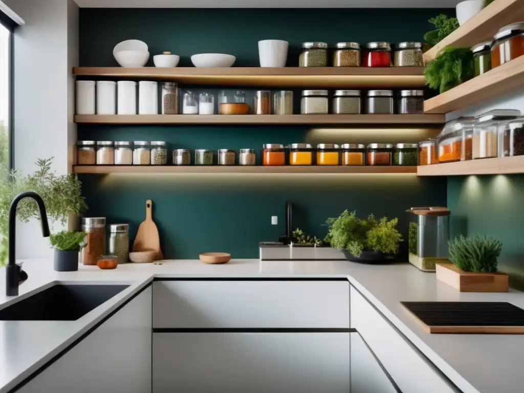 Una cocina moderna y organizada con encimeras blancas, electrodomésticos de acero inoxidable y frascos de vidrio llenos de especias coloridas en estantes abiertos. La luz natural inunda el espacio, resaltando la decoración minimalista pero cálida, con un exuberante jardín de