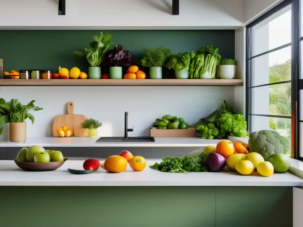 Una cocina moderna y vibrante llena de frutas, verduras y alimentos enteros, bañada por la luz natural. <b>Programas de alimentación consciente para longevidad.