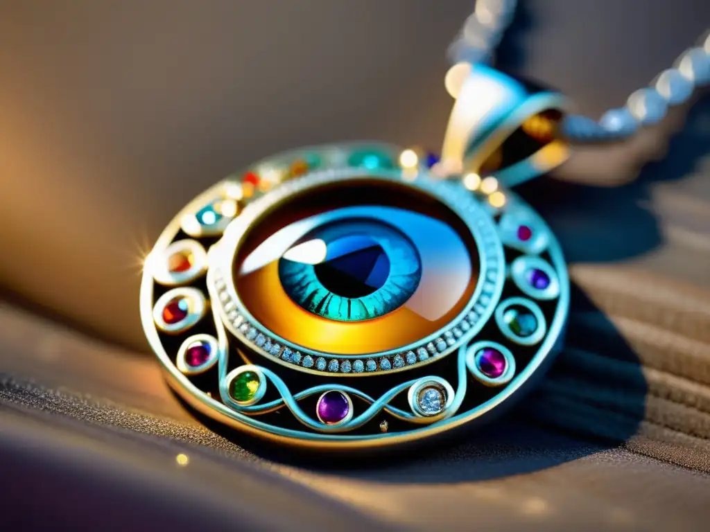 Un colgante plateado brillante con un ojo protector y gemas incrustadas, emitiendo destellos de luz. <b>Detalles exquisitos.</b> <b>Talismán de protección.