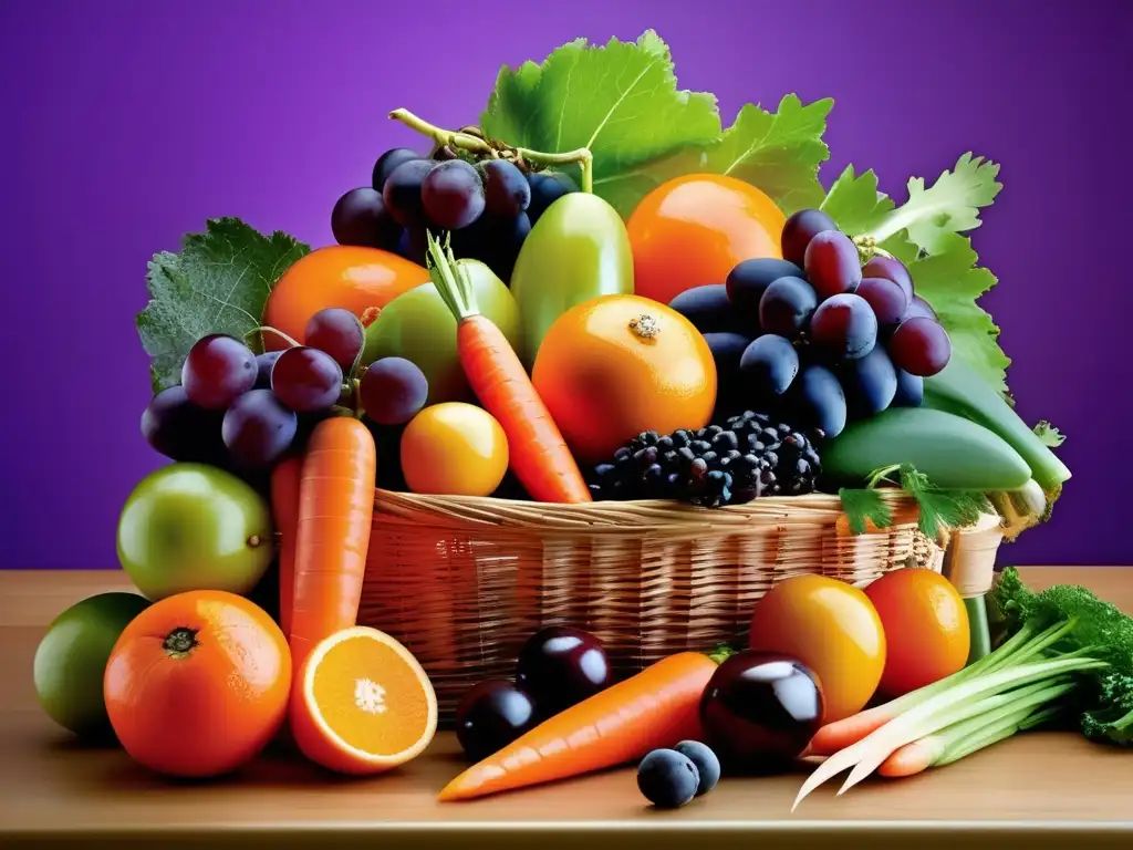 Una colorida y diversa exhibición de frutas y verduras que promueve la variedad de alimentos para longevidad.